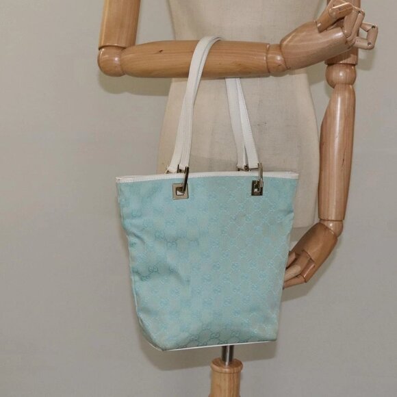 GUCCI GG Canvas Tote Bag Light Blue Gold 002 1099 Auth 113505 - Picture 1 of 16
